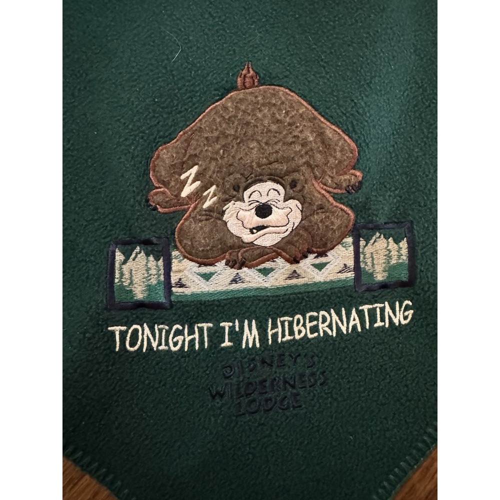 Walt Disney World Wilderness Lodge Embroidered Green Fleece Blanket 58x47 Cozy